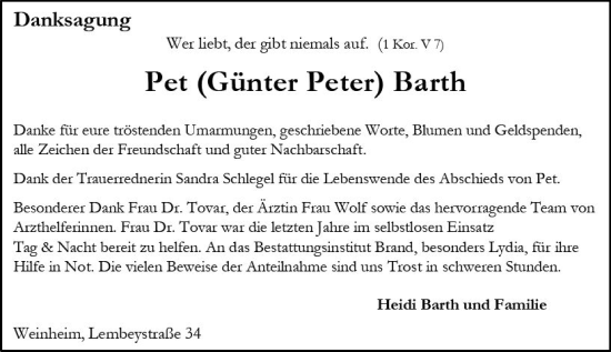 Traueranzeige von Günter Peter Barth von Allgemeine Zeitung Alzey
