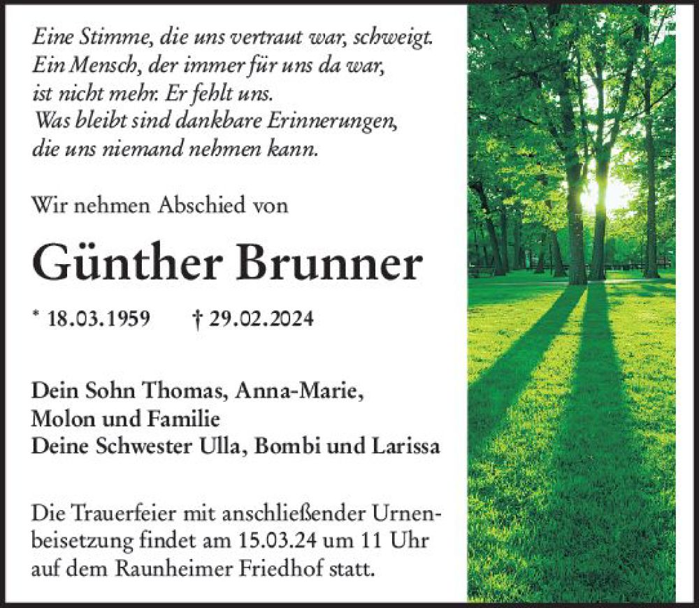  Traueranzeige für Günther Brunner vom 13.03.2024 aus Rüsselsheimer Echo