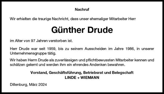 Traueranzeige von Günther Drude von Dill Block
