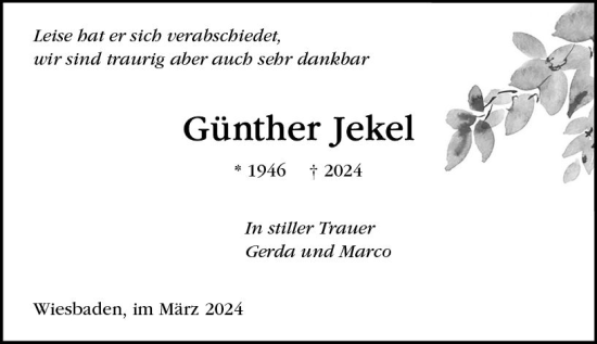 Traueranzeige von Günther Jekel von Wiesbadener Kurier