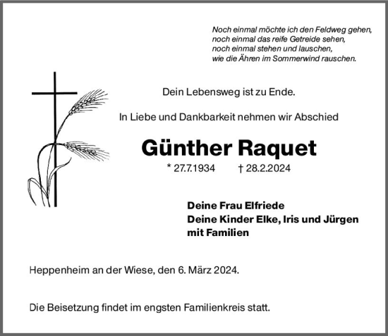 Traueranzeige von Günther Raquet von Wormser Zeitung