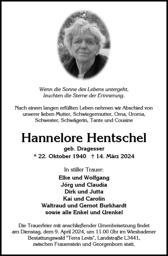 Traueranzeige von Hannelore Hentschel von Wiesbadener Kurier