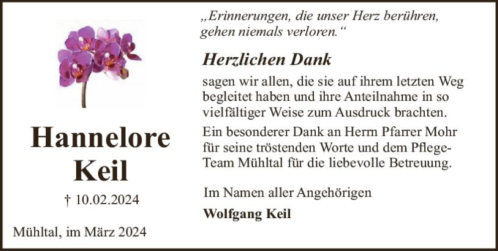  Traueranzeige für Hannelore Keil vom 09.03.2024 aus Darmstädter Echo