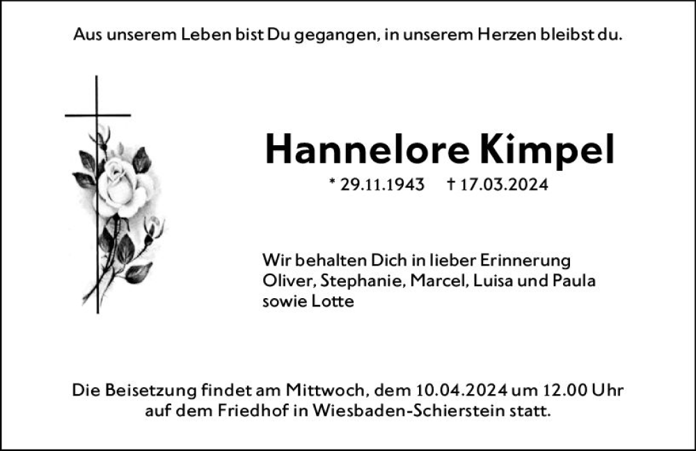  Traueranzeige für Hannelore Kimpel vom 30.03.2024 aus Wiesbadener Kurier
