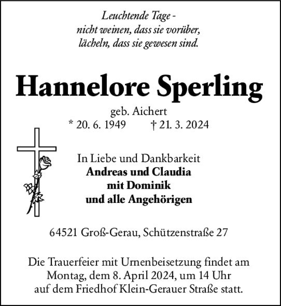  Traueranzeige für Hannelore Sperling vom 30.03.2024 aus Groß-Gerauer Echo