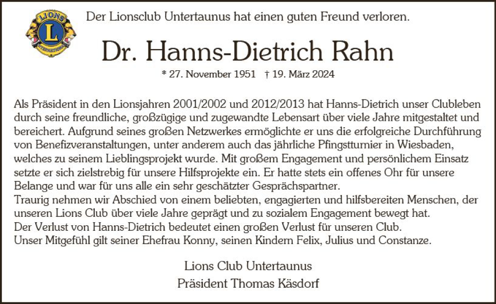  Traueranzeige für Hanns-Dietrich Rahn vom 23.03.2024 aus Wiesbadener Kurier