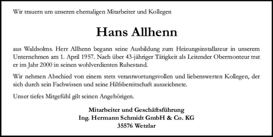 Traueranzeige von Hans Allhenn von Wetzlarer Neue Zeitung