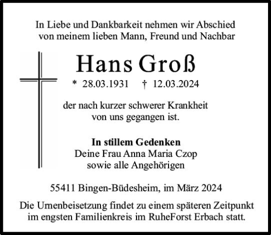 Traueranzeige von Hans Groß von Allgemeine Zeitung Bingen/Ingelheim