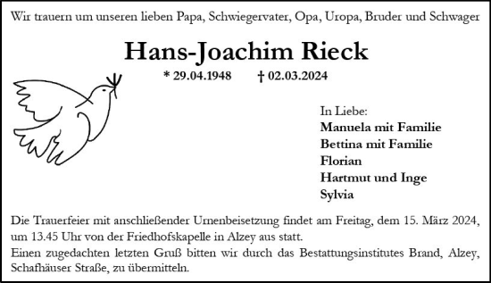 Traueranzeige von Hans-Joachim Rieck von Allgemeine Zeitung Alzey