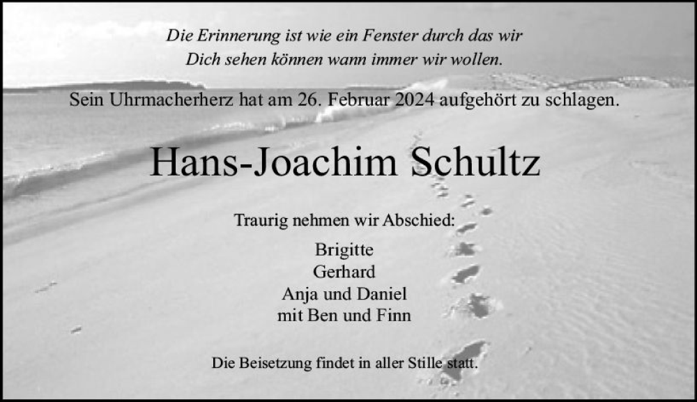  Traueranzeige für Hans-Joachim Schultz vom 16.03.2024 aus Allgemeine Zeitung Mainz