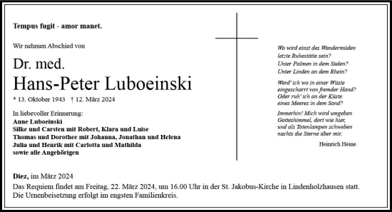 Traueranzeige von Hans-Peter Luboeinski von Nassauische Neue Presse