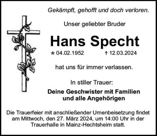 Traueranzeige von Hans Specht von Allgemeine Zeitung Mainz