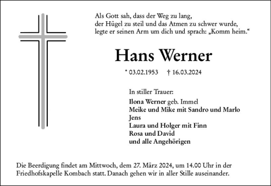 Traueranzeige von Hans Werner von Hinterländer Anzeiger
