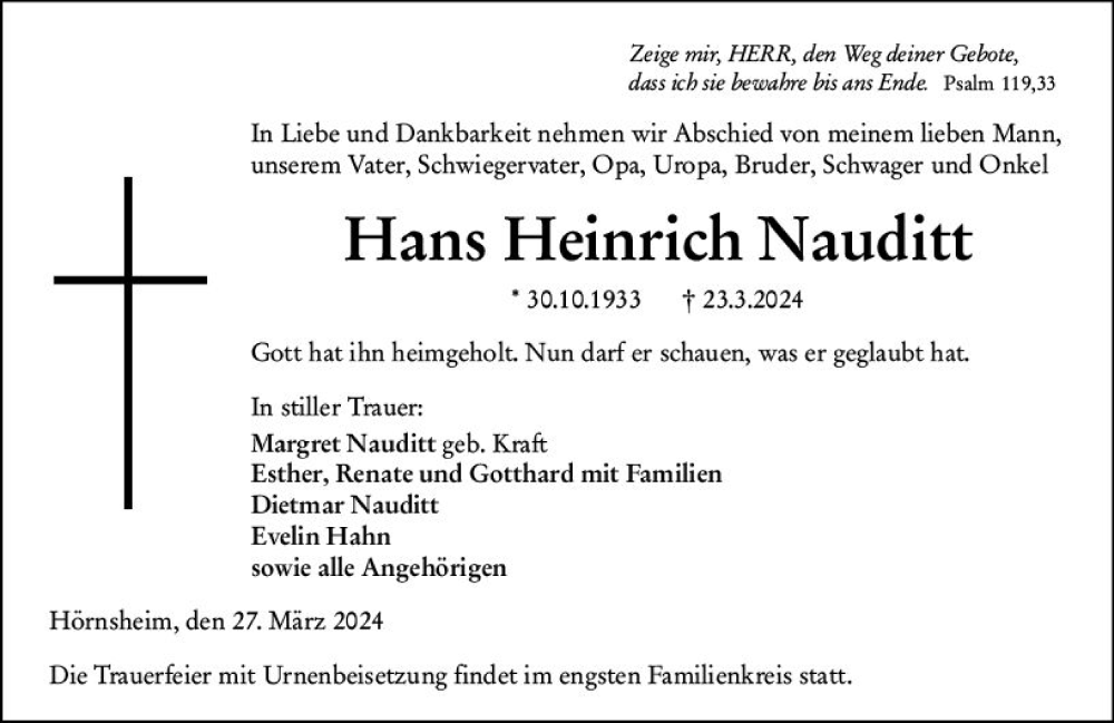  Traueranzeige für Hans Heinrich Nauditt vom 27.03.2024 aus Wetzlarer Neue Zeitung