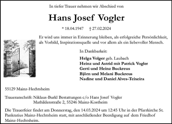 Traueranzeige von Hans Josef Vogler von Allgemeine Zeitung Mainz