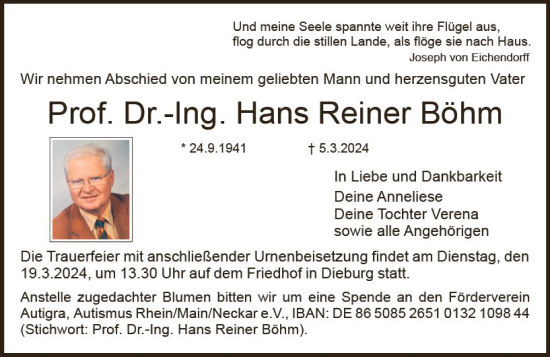 Traueranzeige von Hans Reiner Böhm von Dieburger Anzeiger/Groß-Zimmerner Lokal-Anzeiger