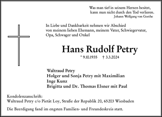 Traueranzeige von Hans Rudolf Petry von Wiesbadener Kurier
