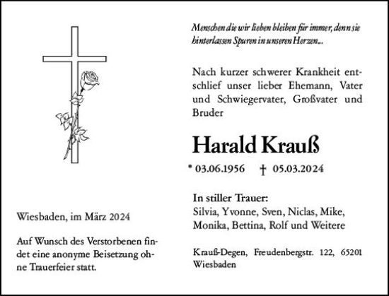 Traueranzeige von Harald Krauß von Wiesbadener Kurier