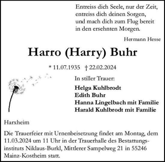 Traueranzeige von Harro Buhr von Allgemeine Zeitung Mainz