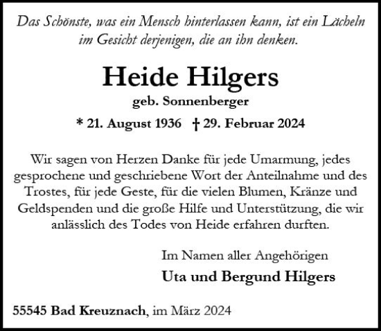 Traueranzeige von Heide Hilgers von Allgemeine Zeitung Bad Kreuznach