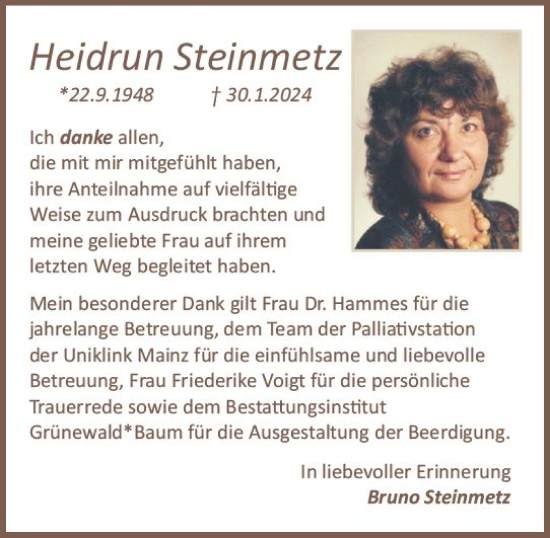 Traueranzeige von Heidrun Steinmetz von Allgemeine Zeitung Mainz