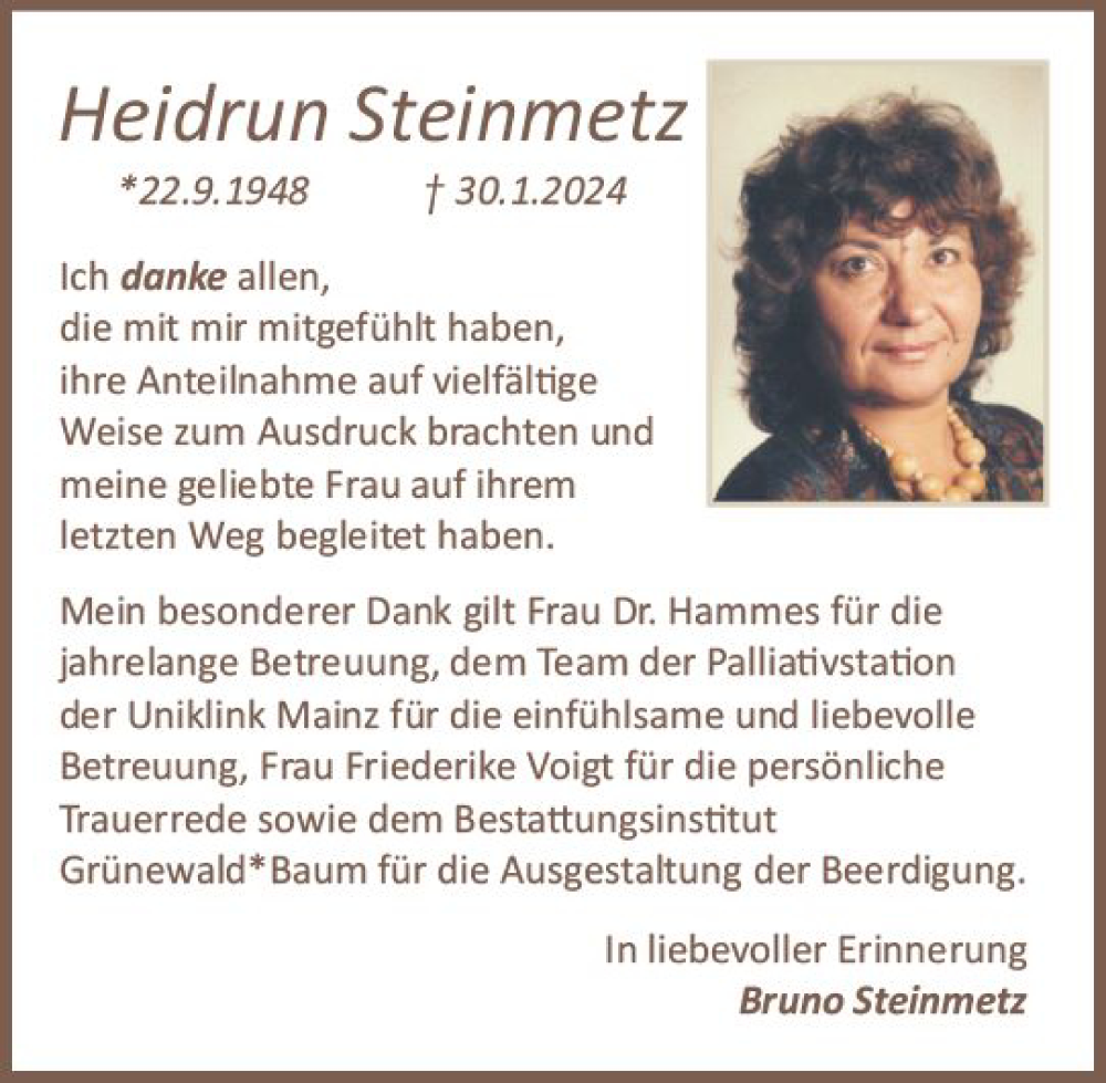  Traueranzeige für Heidrun Steinmetz vom 02.03.2024 aus Allgemeine Zeitung Mainz