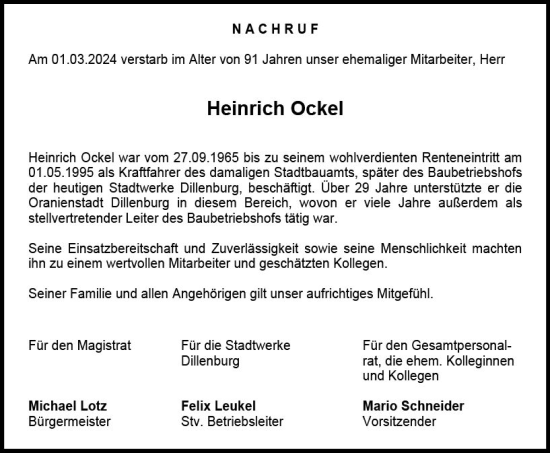 Traueranzeige von Heinrich Ockel von Dill Block