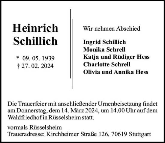 Traueranzeige von Heinrich Schillich von Rüsselsheimer Echo