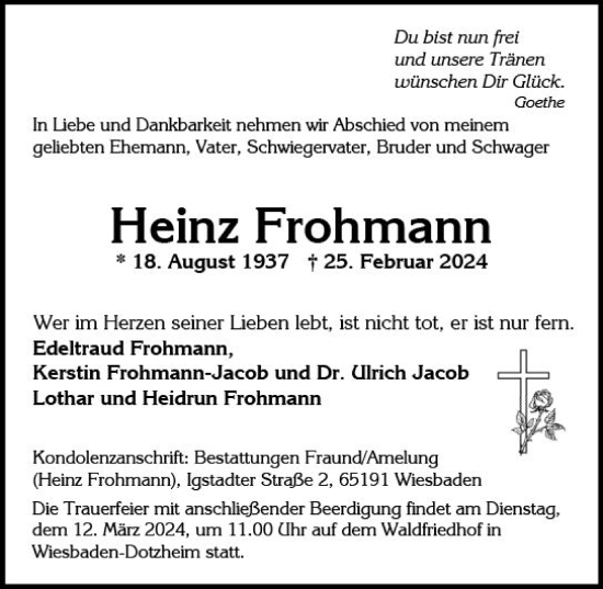 Traueranzeige von Heinz Frohmann von Wiesbadener Kurier