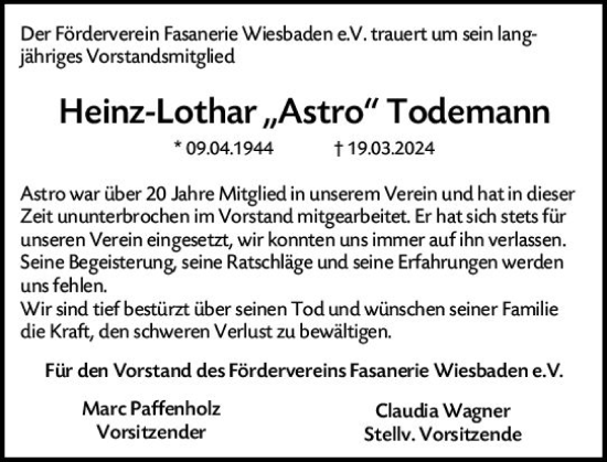 Traueranzeige von Heinz-Lothar Todemann von Wiesbadener Kurier