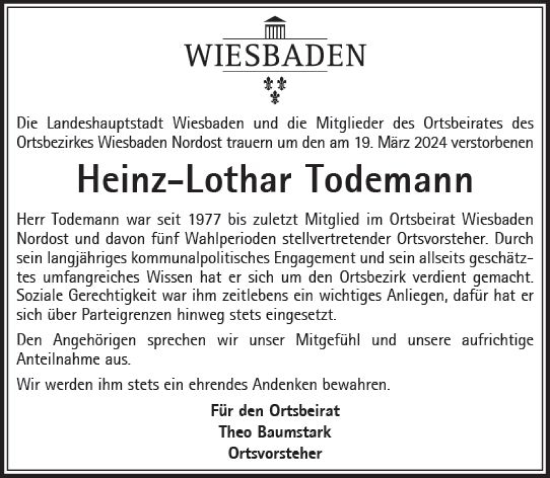 Traueranzeige von Heinz-Lothar Todemann von Wiesbadener Kurier
