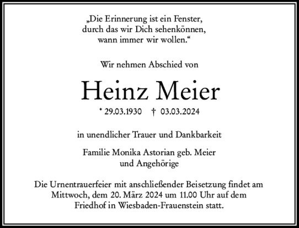  Traueranzeige für Heinz Meier vom 09.03.2024 aus Wiesbadener Kurier