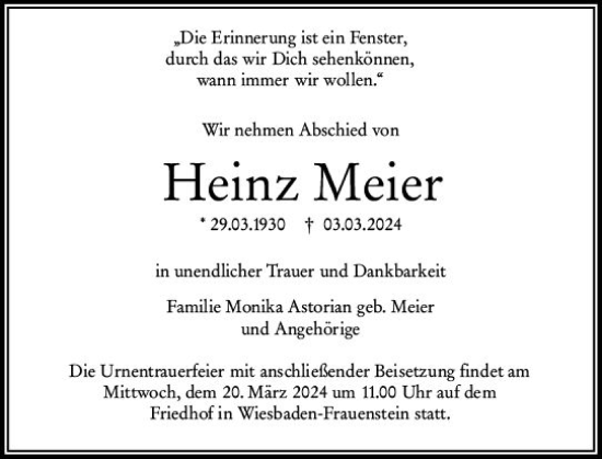 Traueranzeige von Heinz Meier von Wiesbadener Kurier
