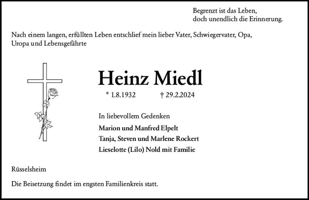  Traueranzeige für Heinz Miedl vom 09.03.2024 aus Rüsselsheimer Echo