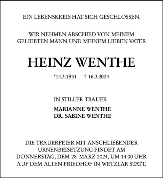 Traueranzeige von Heinz Wenthe von Wetzlarer Neue Zeitung
