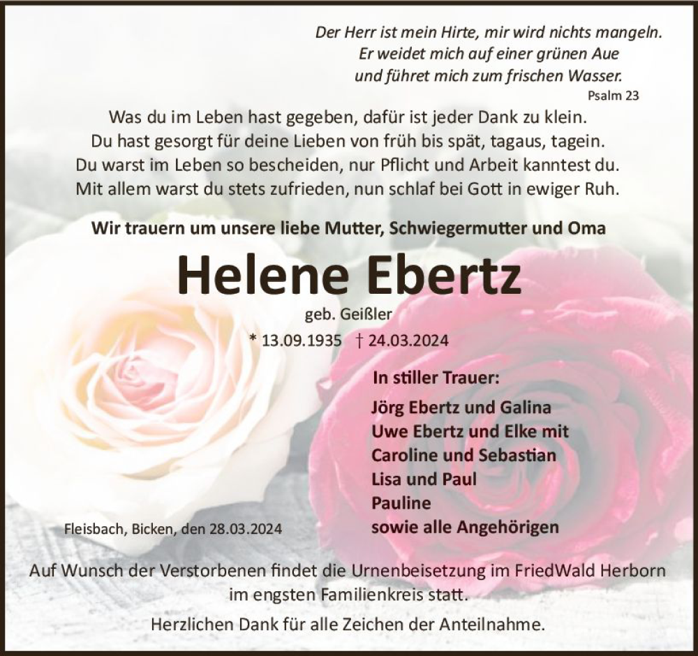 Traueranzeige für Helene Ebertz vom 28.03.2024 aus Dill Block