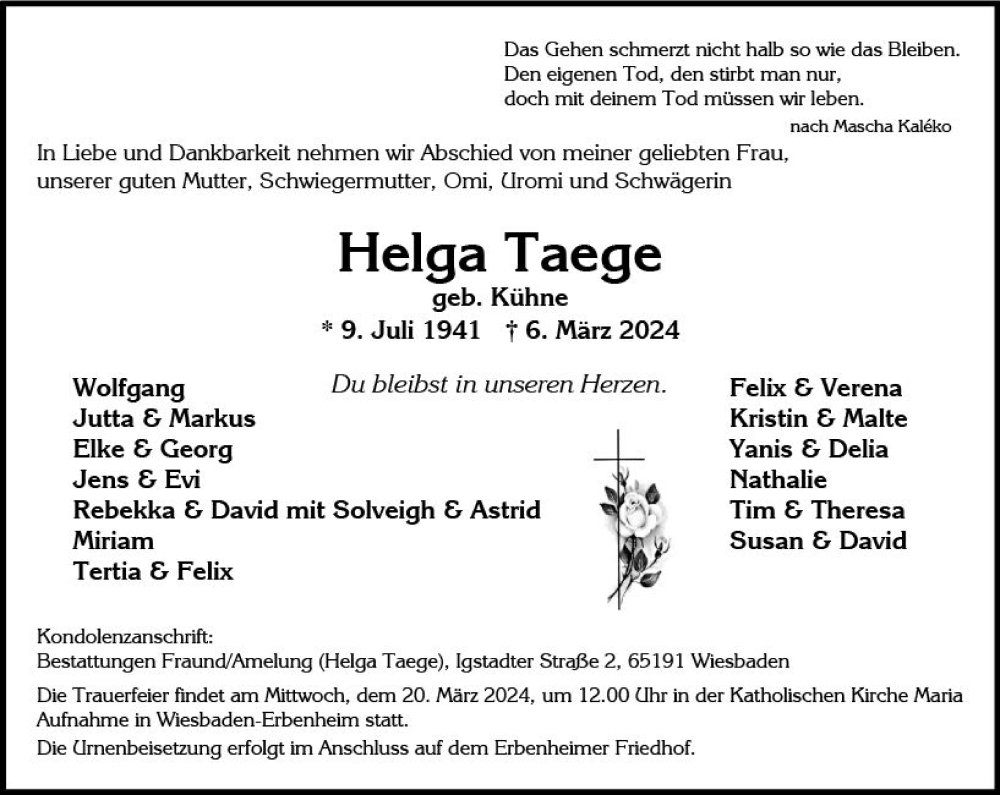  Traueranzeige für Helga Taege vom 16.03.2024 aus Wiesbadener Kurier