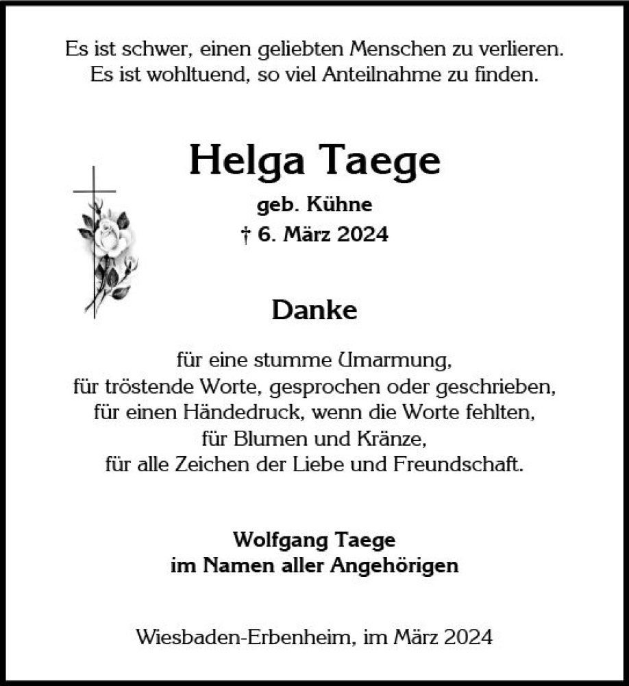  Traueranzeige für Helga Taege vom 23.03.2024 aus Wiesbadener Kurier