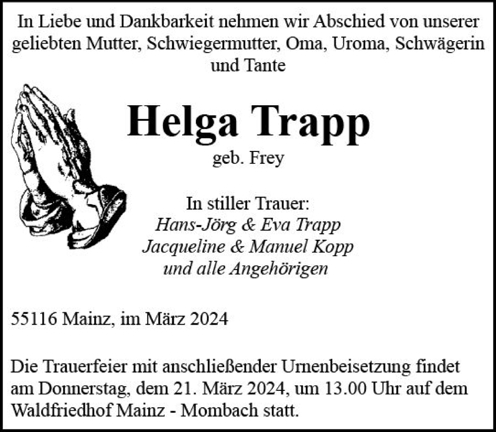  Traueranzeige für Helga Trapp vom 16.03.2024 aus Allgemeine Zeitung Mainz