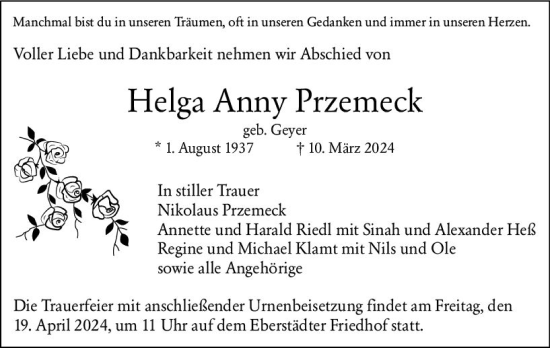 Traueranzeige von Helga Anny Przemeck von Darmstädter Echo