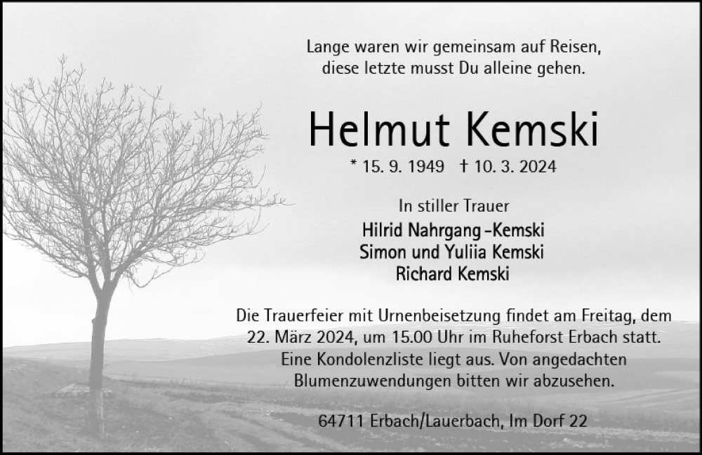  Traueranzeige für Helmut Kemskí vom 16.03.2024 aus Odenwälder Echo