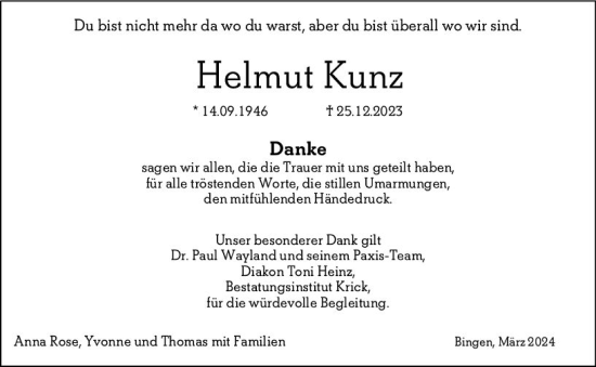 Traueranzeige von Helmut Kunz von Allgemeine Zeitung Bingen/Ingelheim