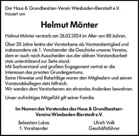 Traueranzeige von Helmut Mönter von Wiesbadener Kurier