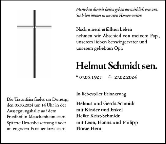 Traueranzeige von Helmut Schmidt von Allgemeine Zeitung Alzey