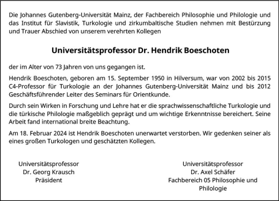 Traueranzeige von Hendrik Boeschoten von Allgemeine Zeitung Mainz