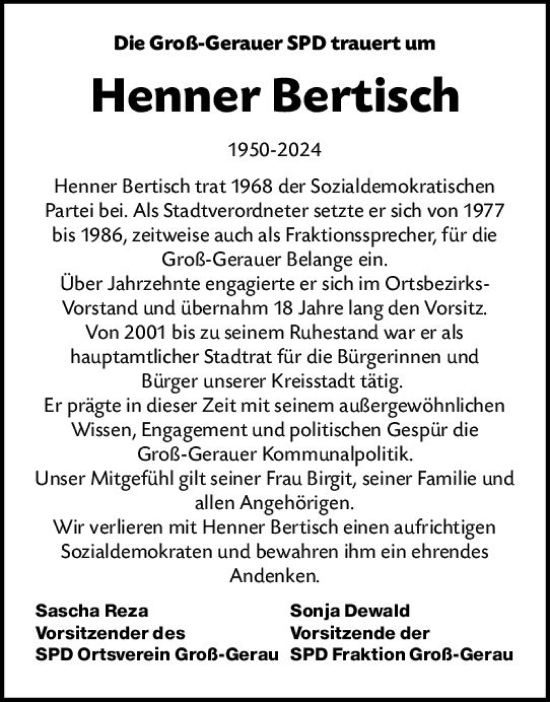 Traueranzeige von Henner Bertisch von Groß-Gerauer Echo