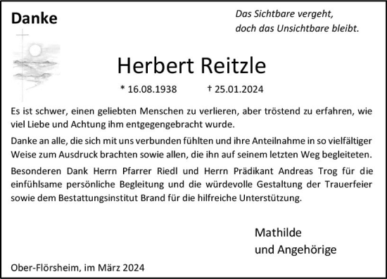 Traueranzeige von Herbert Reitzle von Allgemeine Zeitung Alzey