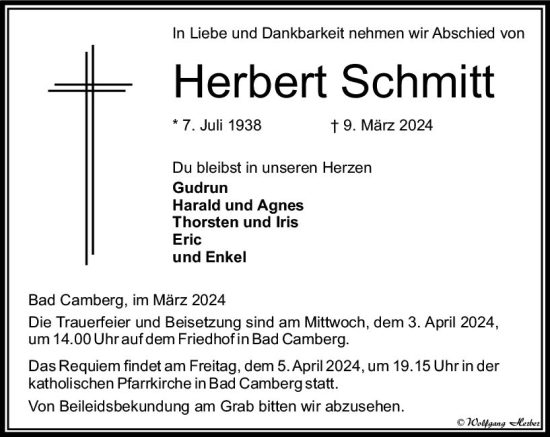 Traueranzeige von Herbert Schmitt von Camberger Anzeiger