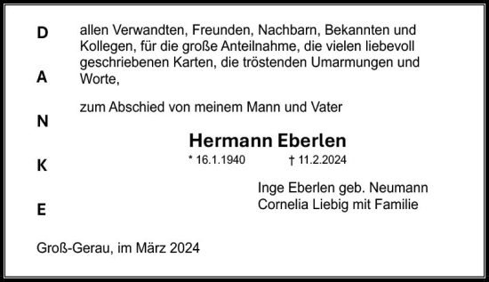 Traueranzeige von Herman Eberlen von Groß-Gerauer Echo