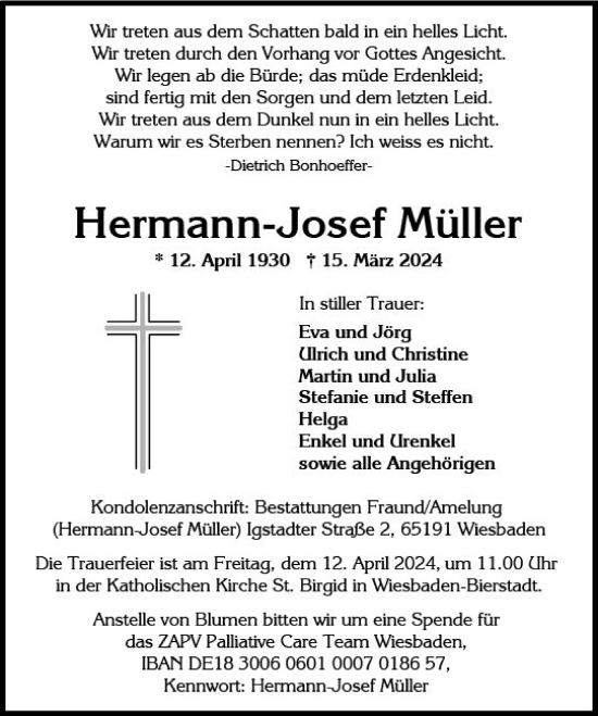 Traueranzeige von Hermann-Josef Müller von Wiesbadener Kurier